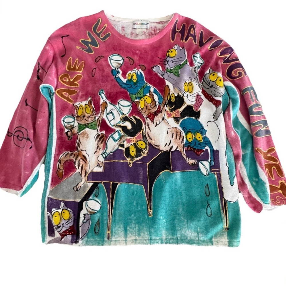 Kolorway VTG U.S.A. Drunken Party Cats Hand Painted Art Sweater Top 100% Cotton